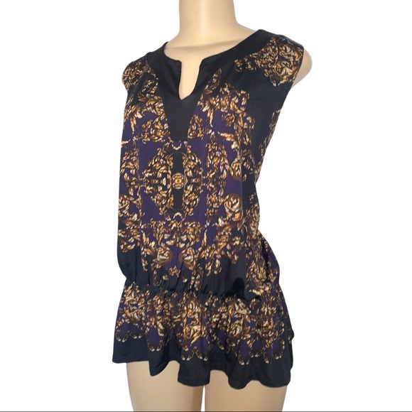 VTG Gold Leaf Swirl Patterned Sleeveless Peplum Blouse Flowy - Picture 2 of 5